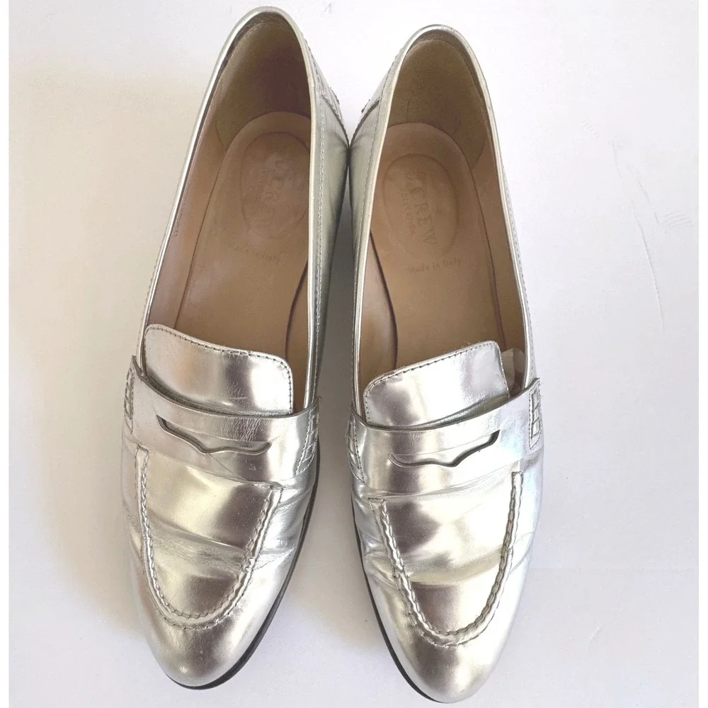 J.Crew Penny Loafers Size 9 Silver Metallic Leather Made in Italy Dark Academia
